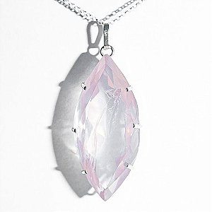 Colar Gigante Navete Facetado Quartzo Rosa Garra Prata 950