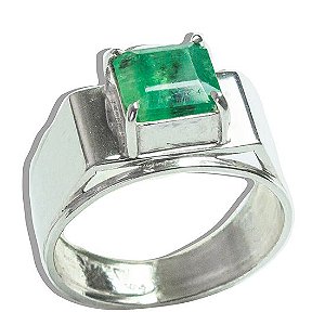 Anel Nlux Masculino Esmeralda Central Prata 950 Aro Fixo 26