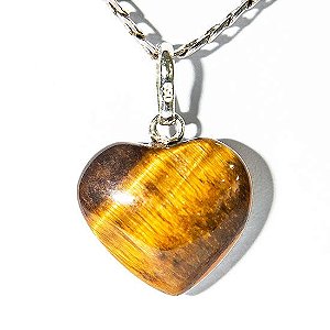 Colar Mini Coração Olho de Tigre Natural 15mm Pino Prata 950