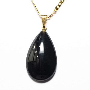 Colar Gota Obsidiana Negra 28mm Pedra Natural Pino Dourado