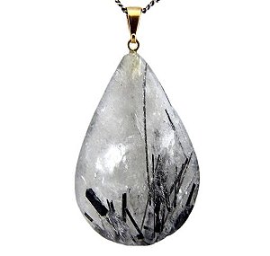 Colar Gota Cristal Incrustado Turmalina Preta Pino Dourado