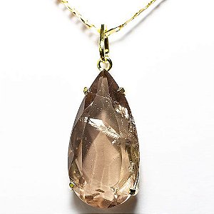 Colar Gota Quartzo Fumê 30mm Natural Facetada Garra Dourada