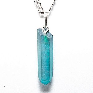 Colar Ponta Cristal Aura Aqua Bruto 25 mm Pino Prata 950