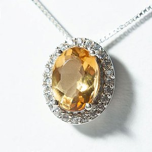 Colar Oval Citrino Facetado Garra Prata 950 Coroa Zirconia