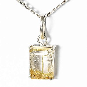 Colar Baguete Facetado Cristal Rutilo Ouro Garra Prata 950