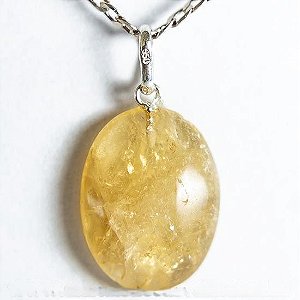 Colar Cabochão Oval Pedra Citrino Liso 20mm Pino Prata 950