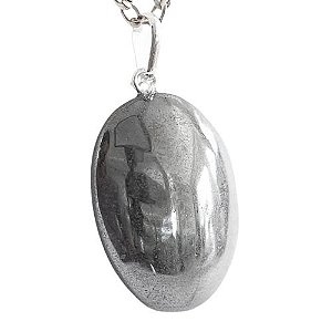 Colar Cabochão Oval 25mm Pedra Hematita Pino Prata 950