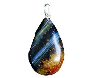 Colar Gota Pedra Olho de Falcão Pino e Perinha Prata 950