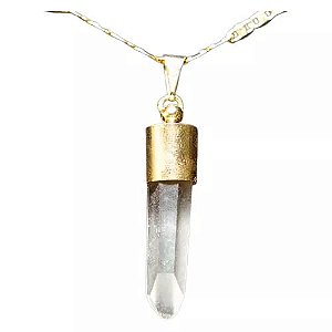 Colar Pontinha Cristal Laser 30 Mm Natural Caixinha Dourado