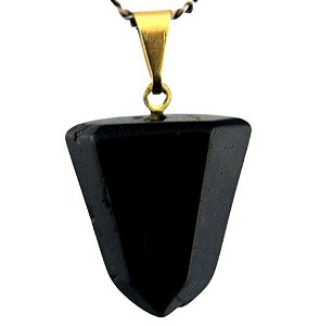Colar Pontinha Pedra Turmalina Preta Presilha E Pino Dourado