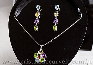Conjunto Gemas de Verao Prata 950 Colar Brinco e Anel 111566