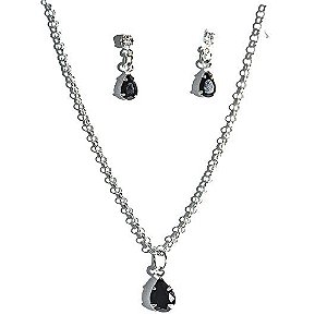 Conjunto Colar e Brinco Gota Zircônia Obsidiana Prata 925