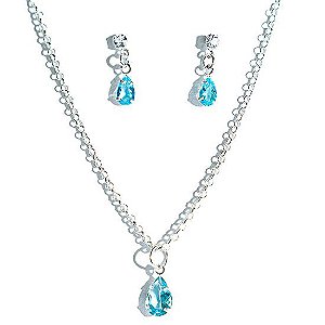 Conjunto Colar e Brinco Gota Zircônia Topázio Azul Prata 925