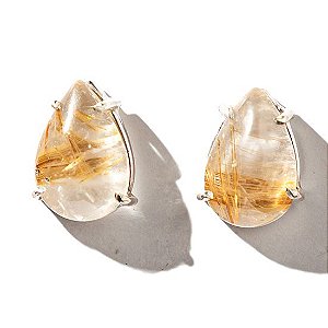 Brinco Topinho Pedra Rutilo no Quartzo Gota Lisa Prata 950