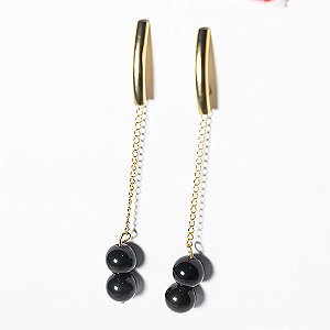 Brinco Bolinha Obsidiana Negra Pedurada Tarraxa Banho Dourado
