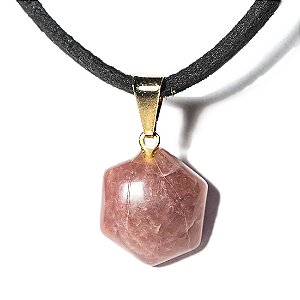 Colar Estrela Hexagonal Pedra Quartzo Morango Pino Dourado