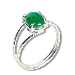 Anel Solitario Jade Verde Oval 10mm Aro Ajustável Prata 950
