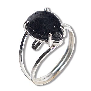 Anel Turmalina Preta Gota Lisa 14mm Aro Ajustável Prata 950