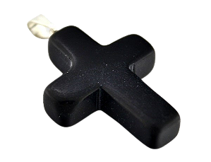Colar Crucifixo Pedra Obsidiana Preta Natural Pino Prateado
