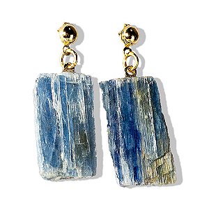 Brinco Cianita Azul Pedra Bruta Natural Tarraxa Dourado 20mm