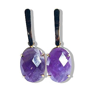 Brinco Ametista Gema Facetada Pedra Natural Dourado