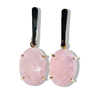 Brinco Quartzo Rosa Cabochão Facetado Garra Dourado Tarraxa