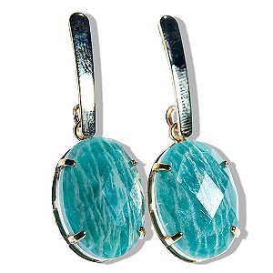 Brinco Amazonita Cabochão Facetado na Garra Dourado Tarraxa