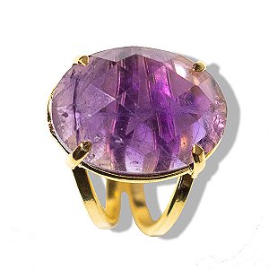 Anel Ametista Pedra Cabochão Facetado na Garra Dourado