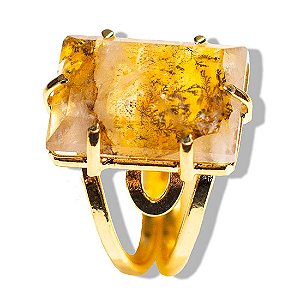 Anel Dendrita Pedra Retangular Facetado na Garra Dourado
