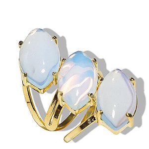 Anel 3 Pedras da Lua Opalina Navete Aro Ajustável Dourado
