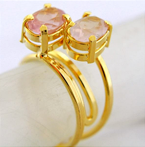 Anel 2 Pedras Quartzo Rosa Facetado Aro Dourado Ajustável