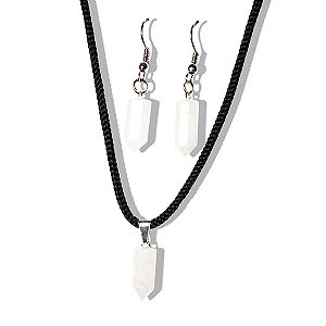 Conjunto Pontinha Colar e Brinco Quartzo Leitoso Prateado