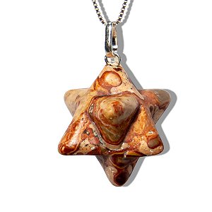 Colar Merkabah Jaspe Leopardo Pedra Natural Pino Prateado
