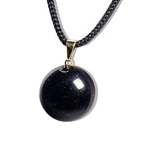 Pingente Disco Liso Pedra Obsidiana Negra Pino Dourado
