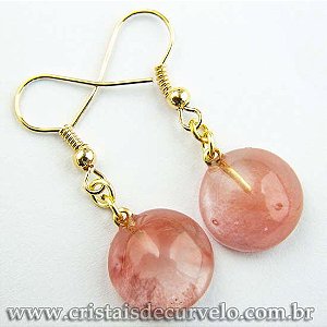 Brinco Disco Pedra Cherry Rosa Montagem Pino Anzol Banho Ouro