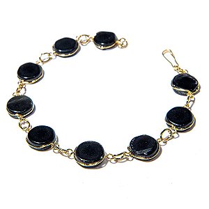 Pulseira Disco Pedra Obsidiana Negra Ranhurado Dourado
