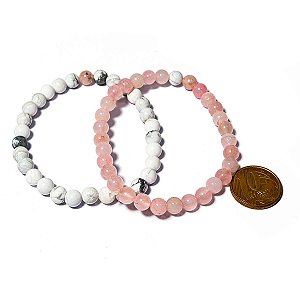 Pulseira Pedra Howlita e Quartzo Rosa Para Casal Bolinha 6mm