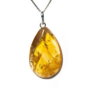 Colar Gota Pedra Natural Citrino Amarelo Pino Prata 950