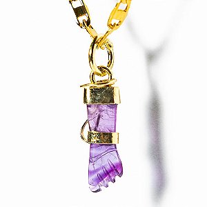 Colar Mini Figa Pingente Ametista 20mm Pedra Natural Dourado