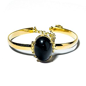 Bracelete Obsidiana Pedra Natural Mini Cabochão Dourado