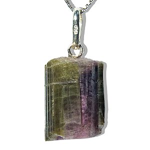 Colar Mini Canudo Turmalina Melancia Bruto Natural Pino Prata 950