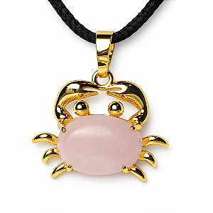 Colar Caranguejo Pedra Quartzo Rosa Natural Banho Dourado
