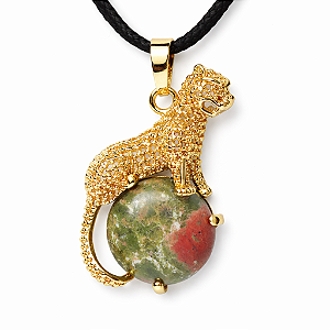 Colar Onça com Pedra Unakita Natural Banho Dourado