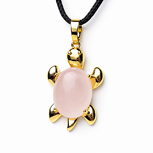 Colar Tartaruga Pedra Quartzo Rosa Natural Banho Dourado