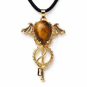 Colar Gota Pedra Olho de Tigre Natural Gótico Morcego Dourado
