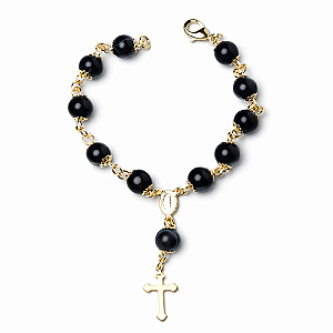 Pulseira Bolinha Terço Pedra Agata Preta 8mm Dourado