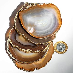 Chapa de Agata Natural Porta Copos Envolto banho Dourado