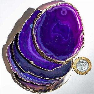 Chapa de Agata Lilas Porta Copos Envolto banho Dourado