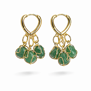 Brinco Trio do Coração Quartzo Verde Dourado Fecho Tranqueta