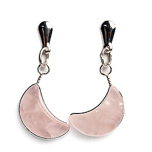 Brinco Meia Lua Pedra Quartzo Rosa Ranhurado Banho Prateado